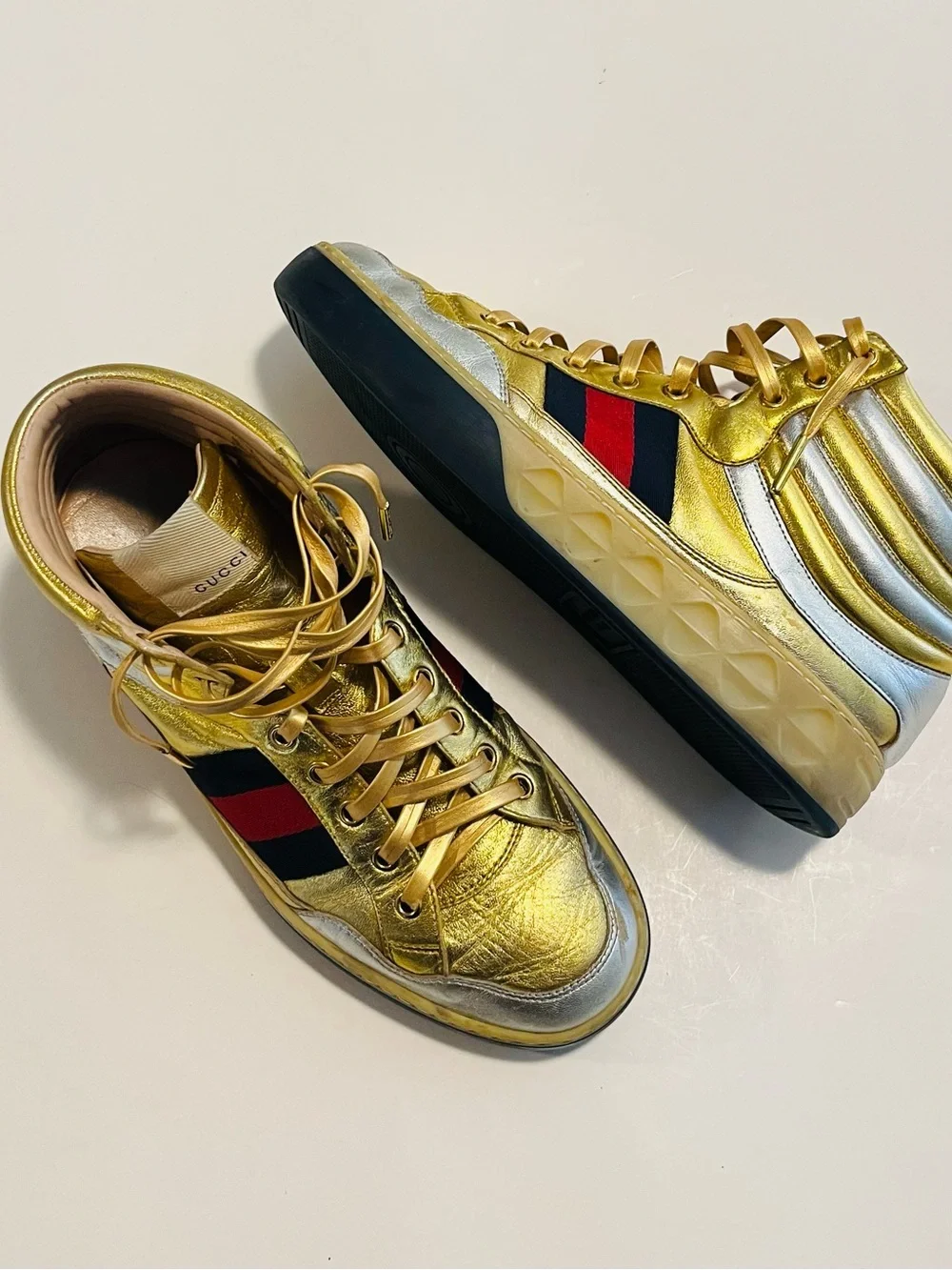 Gucci Men’s Metallic Gold Leather High Top Sneakers Size 8.5